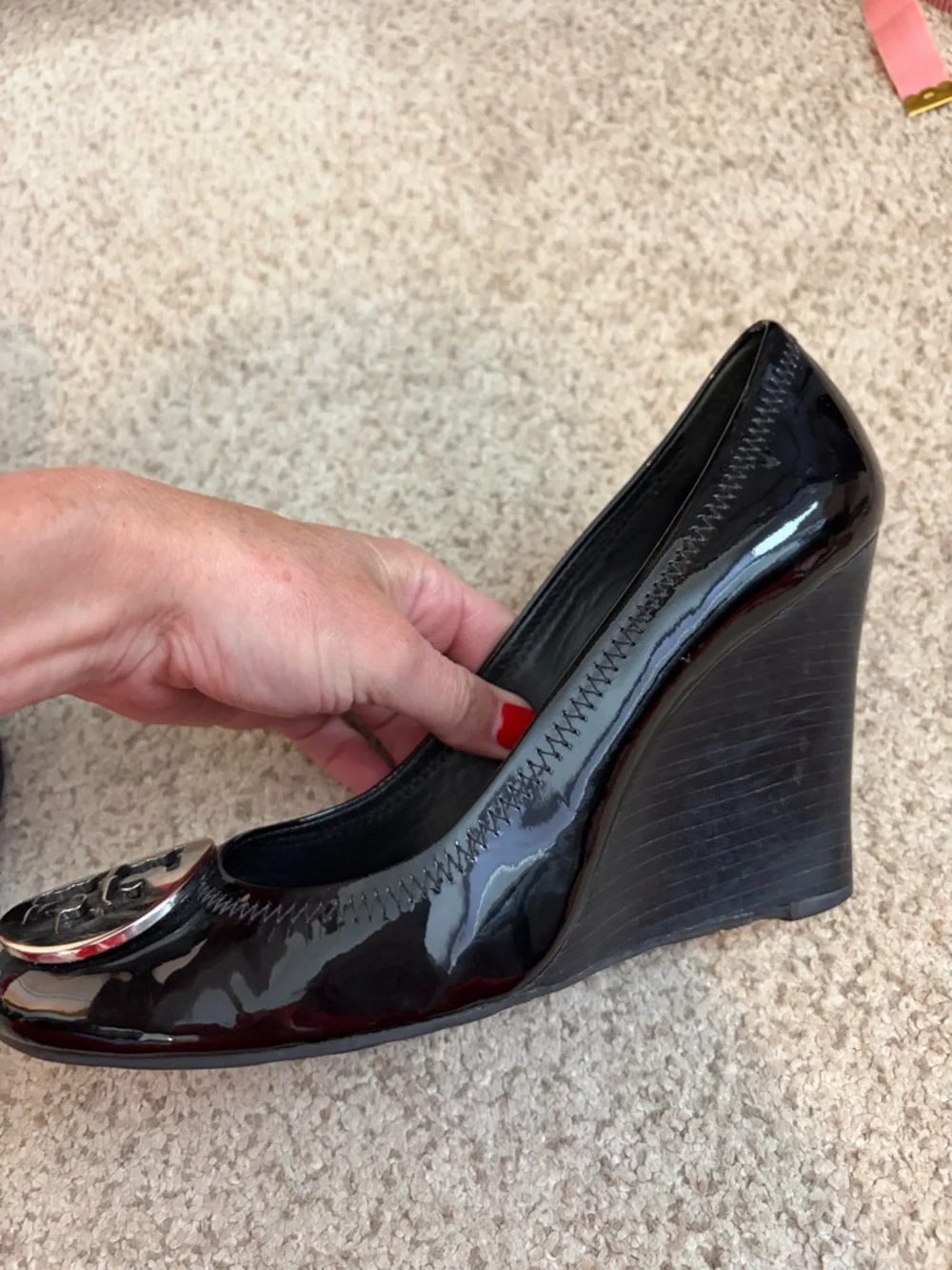 Tory Burch “Sophie” Black Patent Leather wedge heel with silver hardware, 8